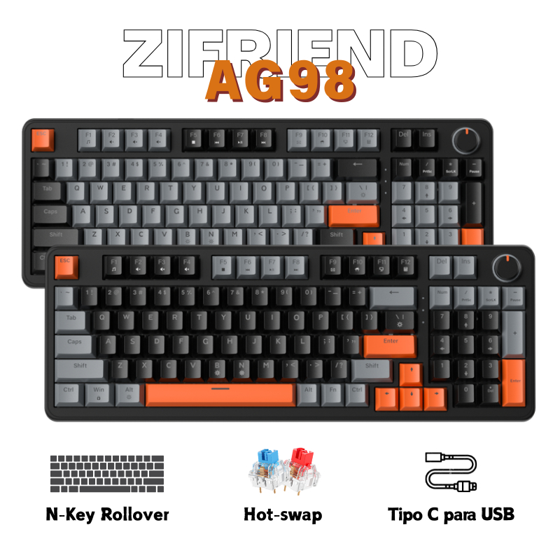 ZIFRIEND AG98 Teclado Mecânico Escritório 98 teclas Switch Vermelho / Azul Com Fio LED Hot Swap NKRO