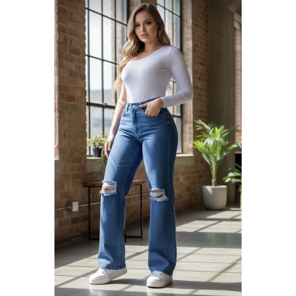 Calça Jeans feminina Pantalona Cintura Alta Wide Leg Claro Jeans Premium Moda Gringa