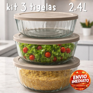 Kit 3 Tigelas Saladeira De Vidro Com Tampa Plástica 2,4 Litros Multiuso