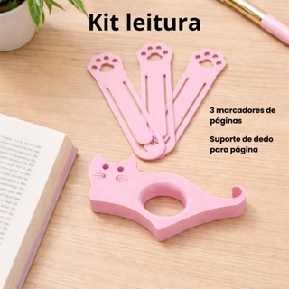 Kit anel apoio Suporte de dedo para segurar livro e marcador de páginas formato de gato - rosa em Oferta na Shopee