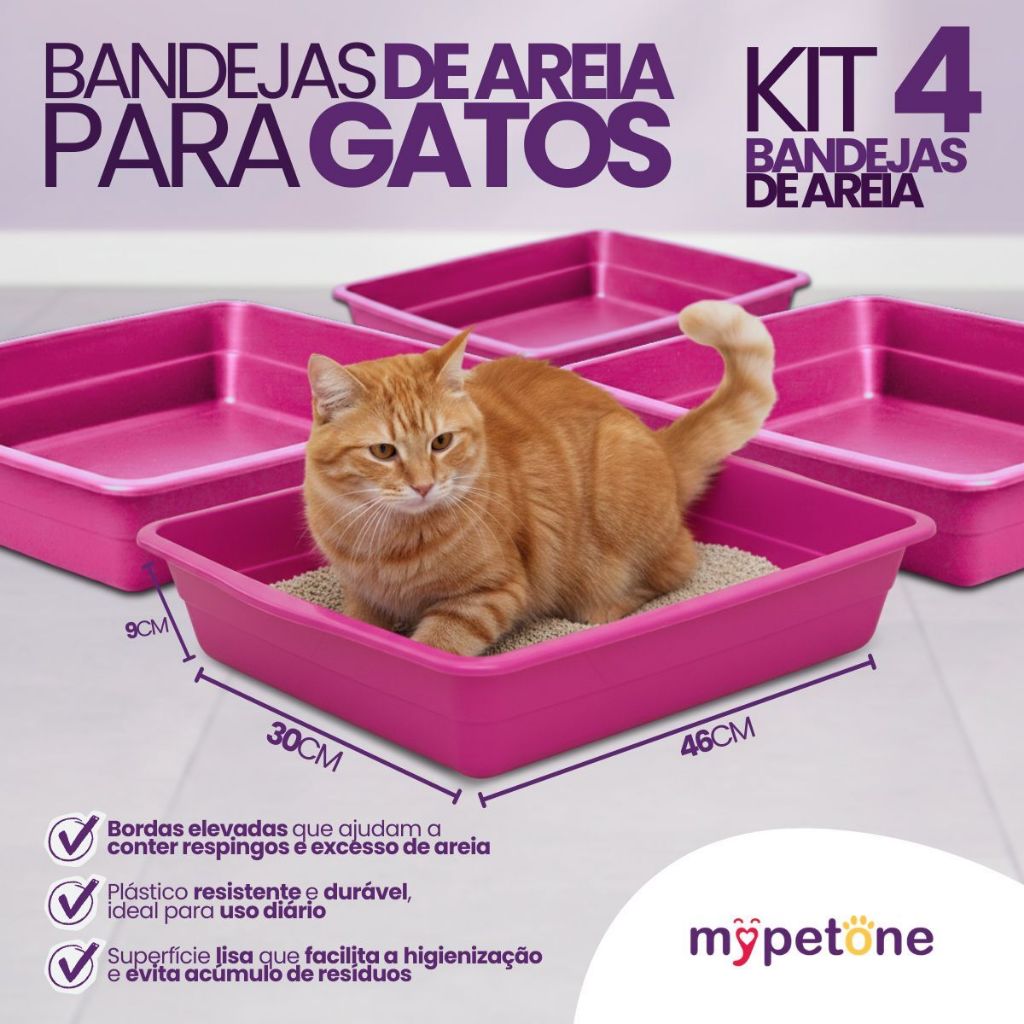 Kit com 4 Bandeja de Areia Higiênica Simples Rosa para Gatos