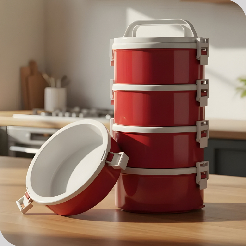 Marmita Térmica Divisória 1,5L Kit 5 Peças Vermelha com Alça Trava Soprano