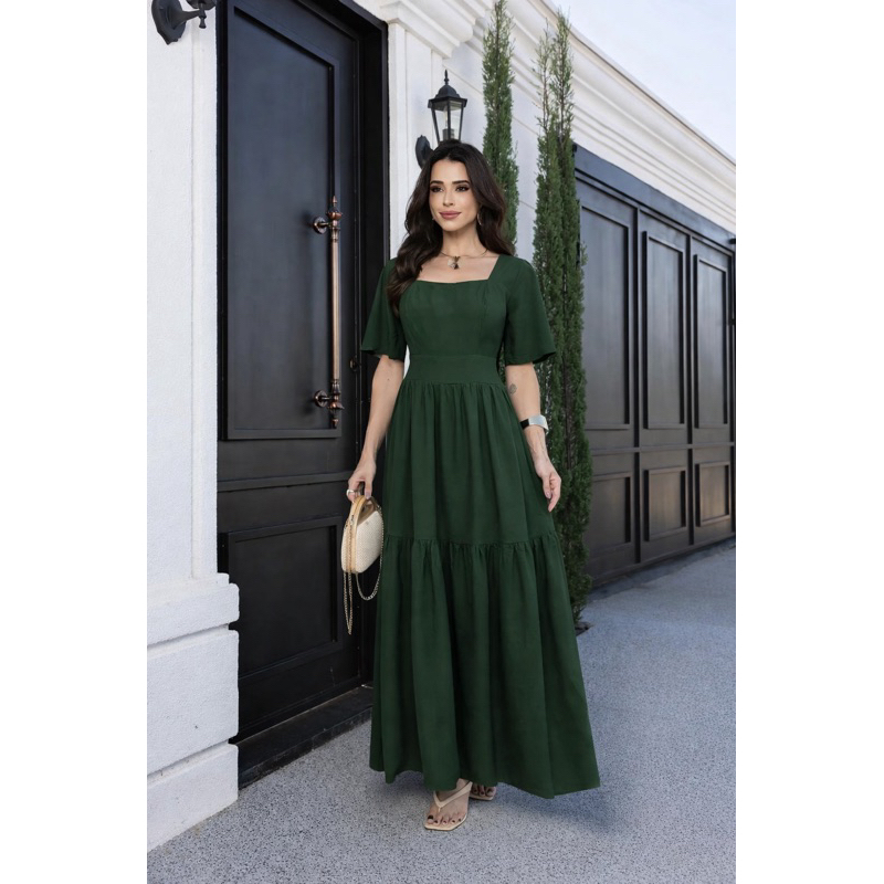 Vestido Feminino Longo Viscolinho Premium Luxo Elegante Confortável Elastex Costas Manga Flare
