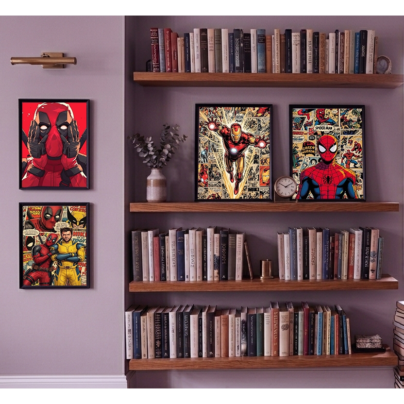 Quadro Decorativo com Moldura em Madeira - Marvel Comics - Homem Aranha Homem de Ferro Deadpool Wolverine
