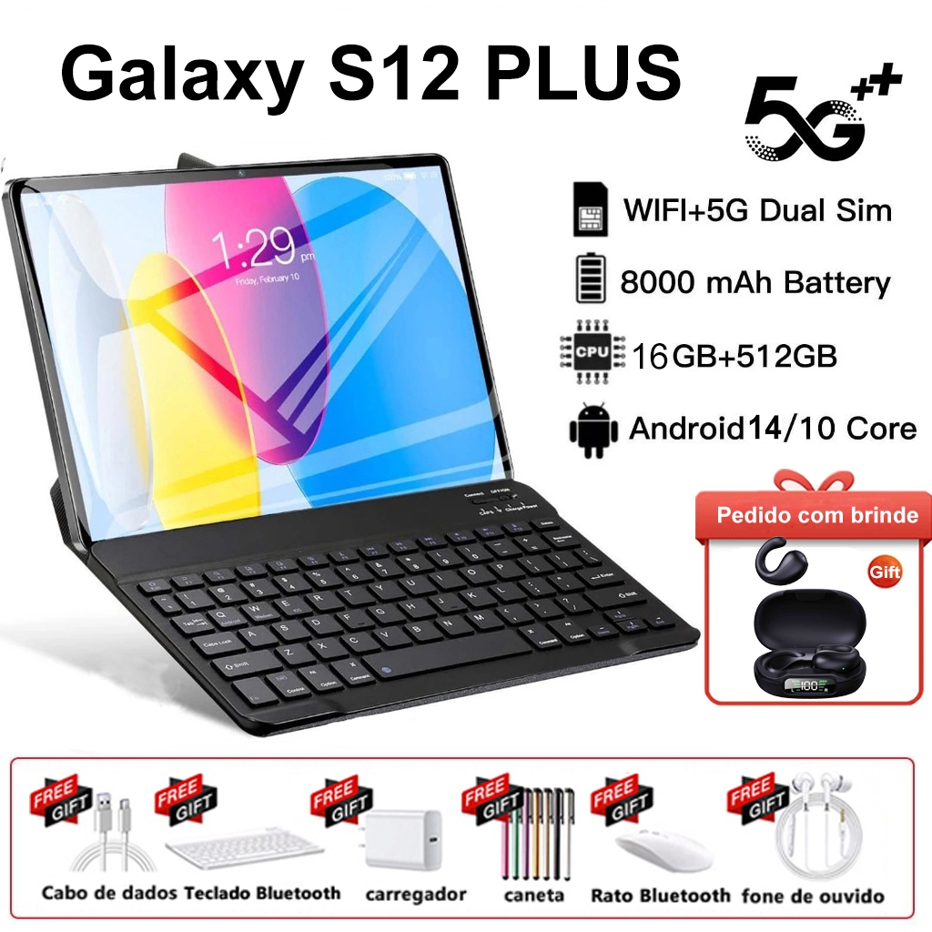 Tablet S12 Plus 12.8 polegadas HD Android 14 RAM 512GB 12GB coFunda Cor CinzaEscuro 8800mA