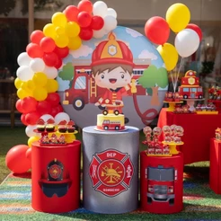 Capa Painel Redondo + Trio Cilindro Tema: Bombeiro Infantil Decoração Festa Veste Fácil Bibi Painéis