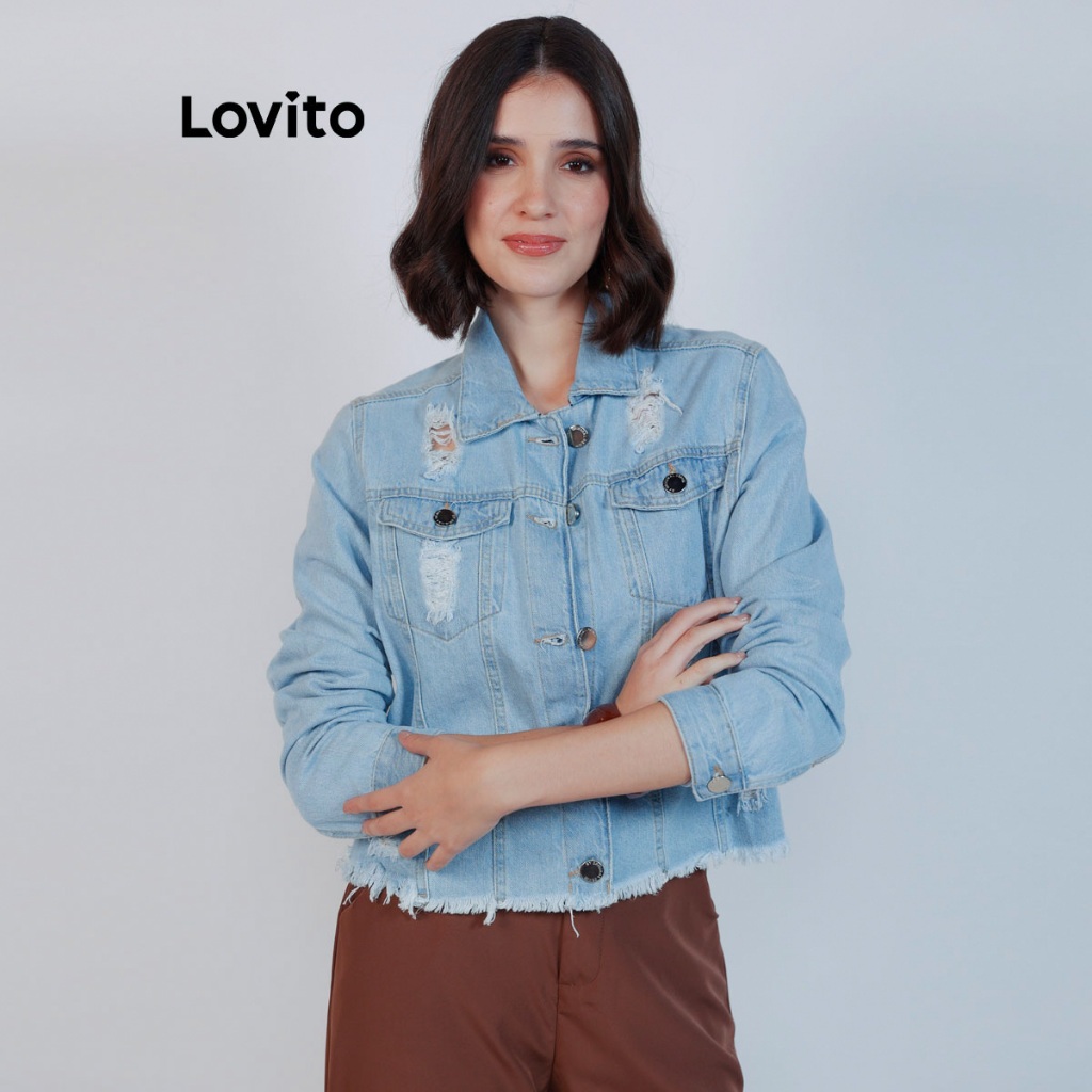 Lovito Jaqueta Jeans Feminina Cropped Destroyed JKB19922022