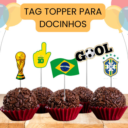 Tag Topper para Docinhos Brigadeiro | Copa do Mundo Brasil | Futebol Brasil