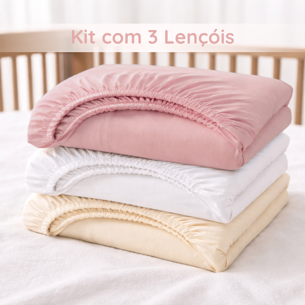 Kit de Lençol Berço Americano com Elástico 100% Algodão Macio 3 Peças Bebê Menina Nacional