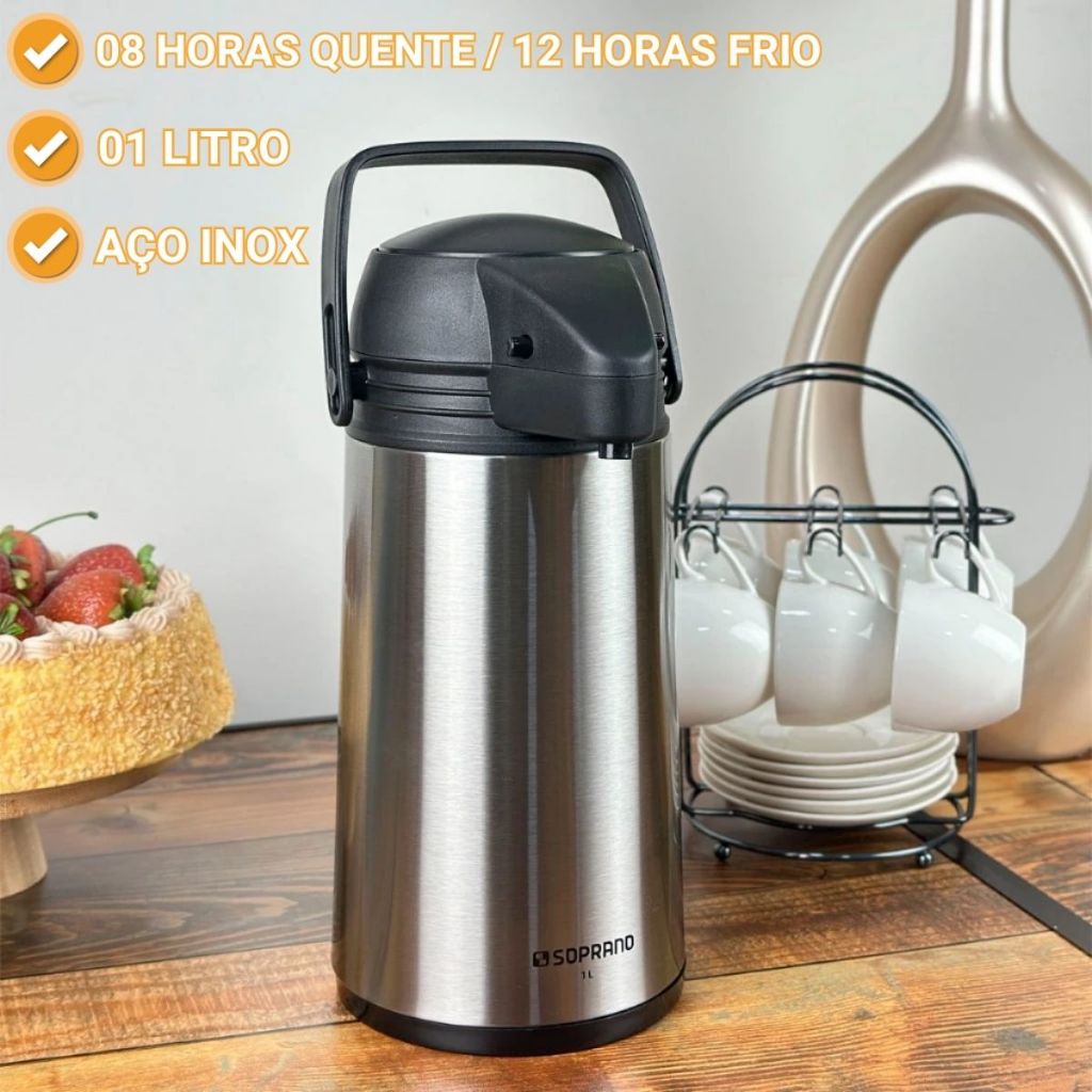 Garrafa Térmica De Café Aço Inox 1L Single Com Alça e Botão Pressão Resistente Mesa Posta Soprano