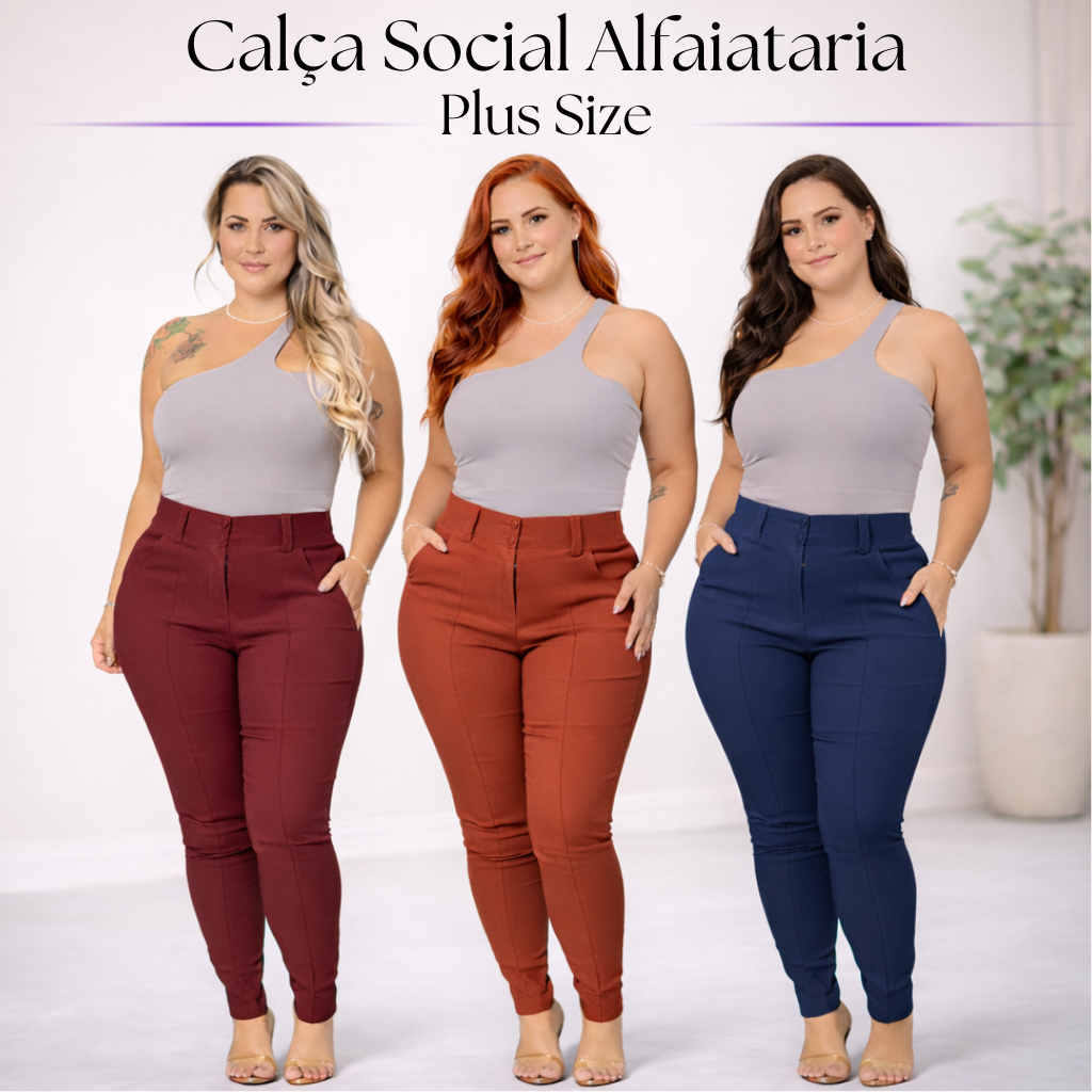Calça Plus Size Feminina Social Tecido Bengaline Estica Muito com Bolso e Botões 42 ao 52