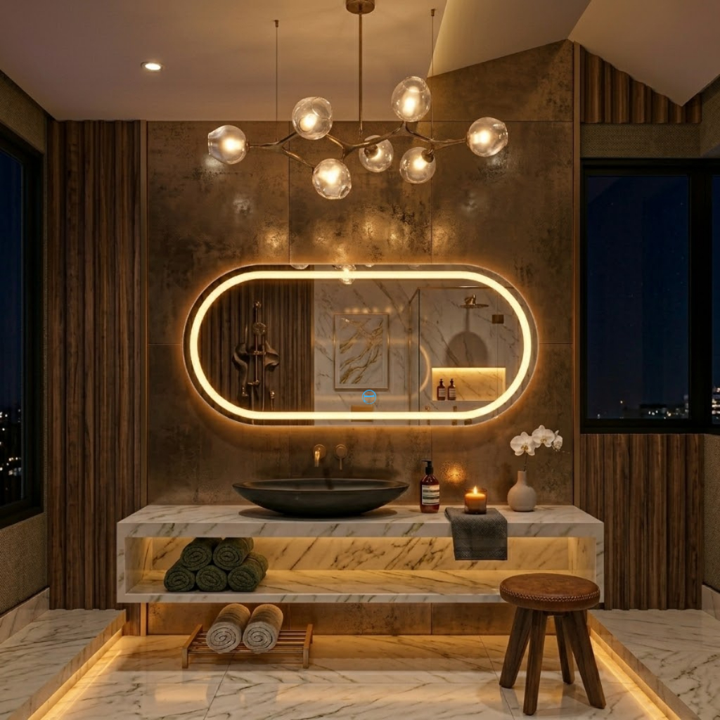 Espelho Lopazzi Oval Led Jateado 110x50cm Polido e Sem Moldura Decoração Sala Hall Quarto Provador Salão Banheiro