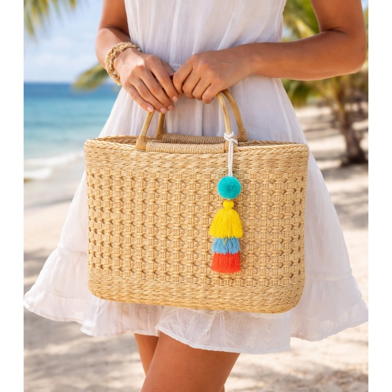 Bolsa De Praia Feminina Com Chaveiro Alça De Mão e Transversal Forrada Verão