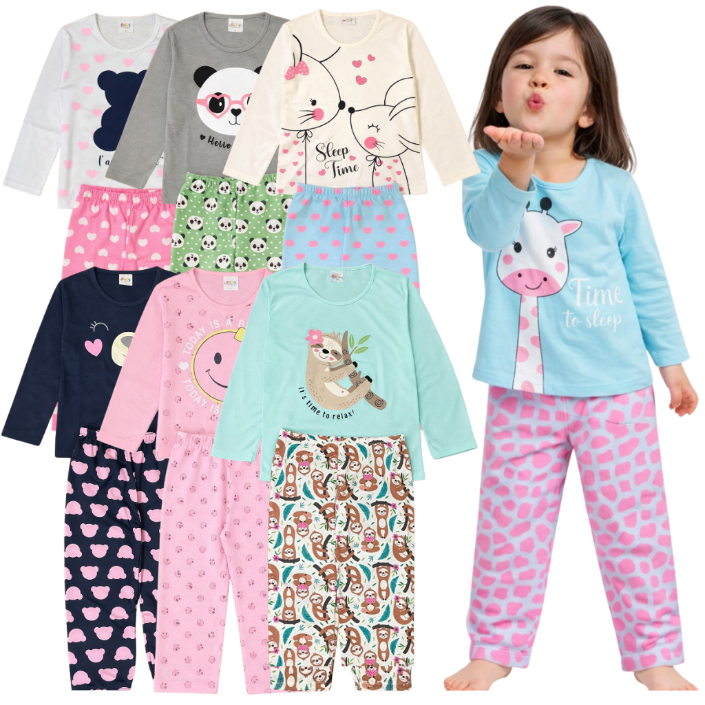Kit Sortido 4 Peças Pijama Infantil Menina - 2 blusas e 2 calças - Meia Estação Feminino Algodão