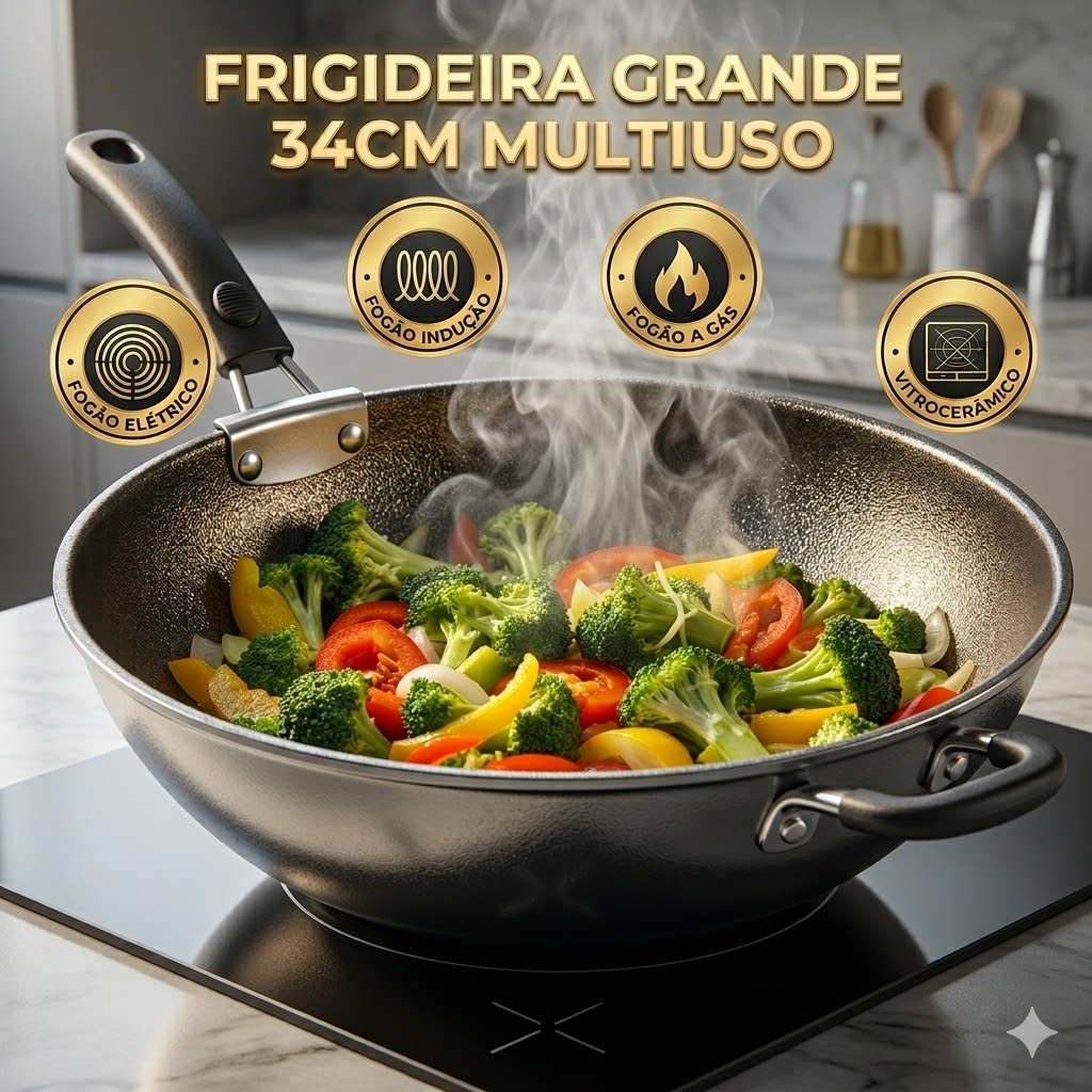Imagem Frigideira Antiaderente Profissional 34cm Indução Grande Reforçada Wok Yakissoba Frutos Mar Gourmet