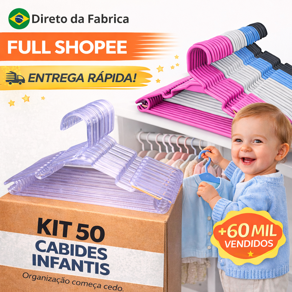 Kit até 100 Cabide Baby Infantil Reforçado 30 cm, cores Azul, Rosa, Preto, Branco e Transparente.