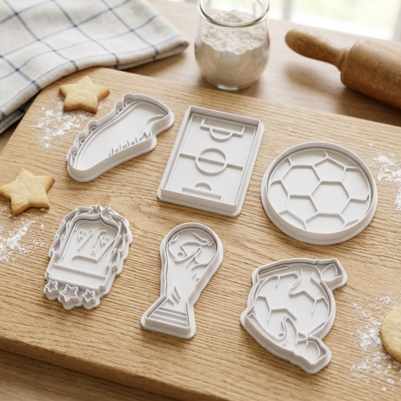 Kit 6 Cortadores de Biscoito Tema Copa- Chuteira, Bola, Campo e Troféu