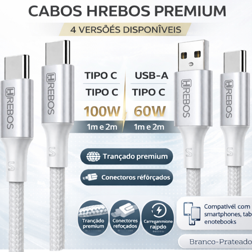 Cabo Tipo C | 100w Trançado | USB A p/ Tipo C Celular Notebook Tablet Samsung Iphone 15 16 17 1m 2m