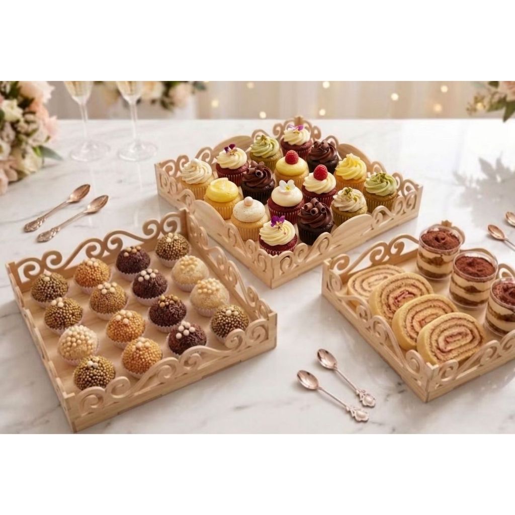 Kit Bandeja Provençal MDF 3 Peças Decoração Festa Suporte Doces Mesa