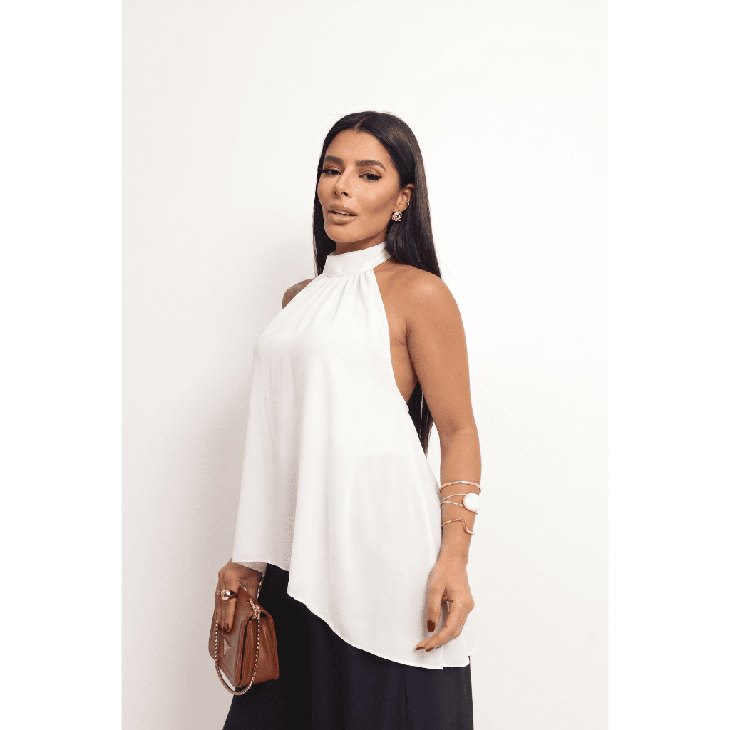 Blusa Bata Feminina Frente Única Duna Não Amassa Laço Blusinha Gola Alta Amarração Costas Abertas