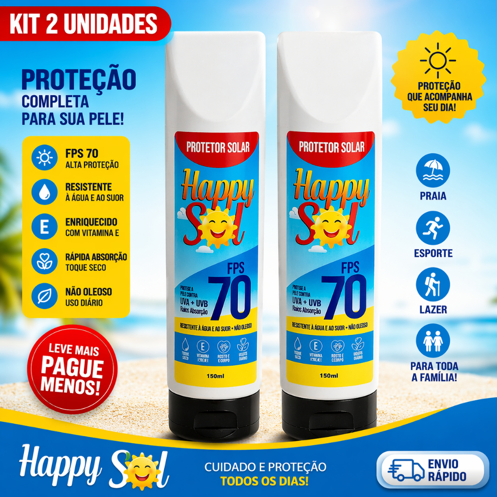 KIT 2 PROTETORES SOLAR FPS 70 HAPPY SOL 150ML | UVA+UVB | TOQUE SECO | RESISTENTE À ÁGUA