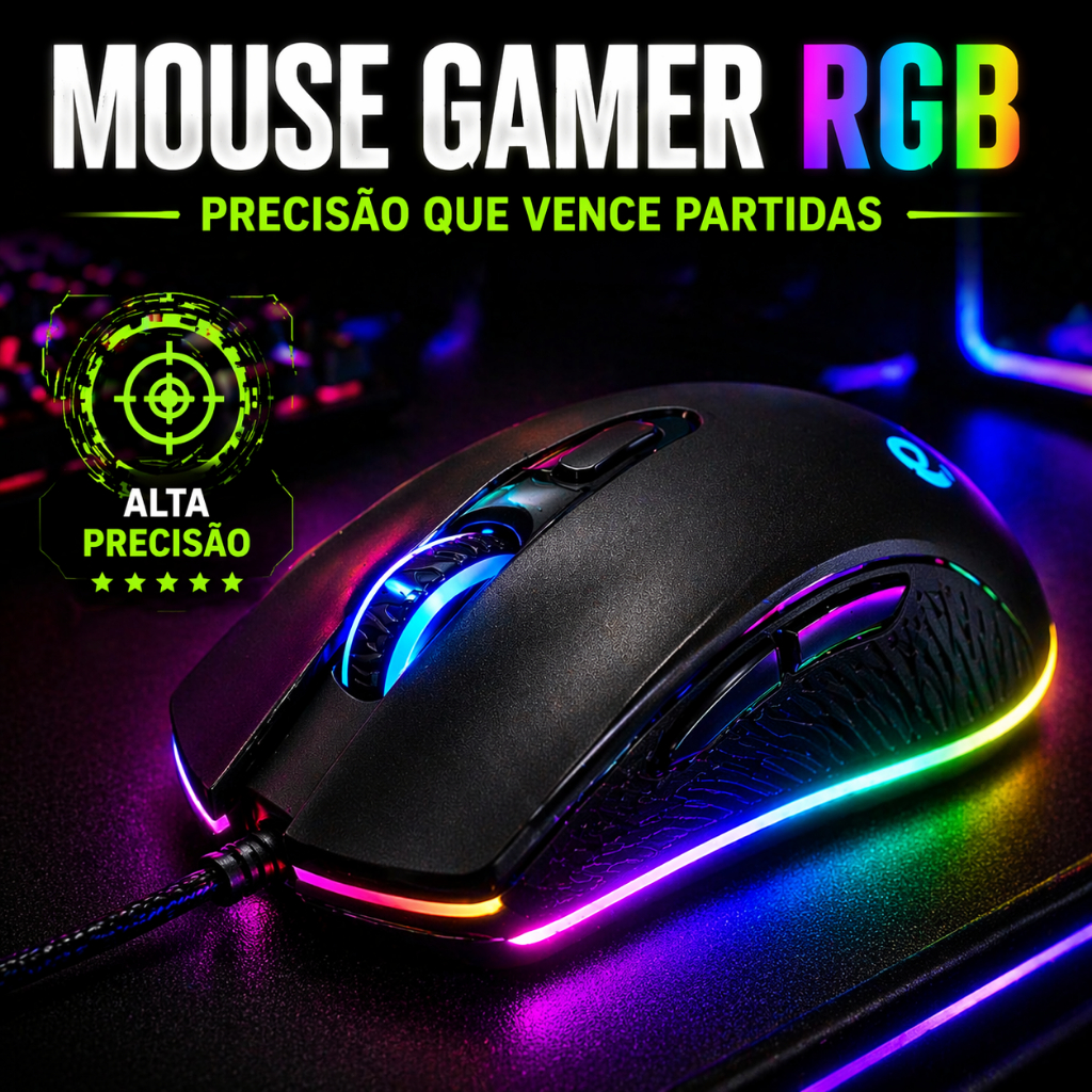 Mouse Gamer RGB LED com Fio Alta Precisão USB | Ergonômico para PC Notebook Setup Gamer