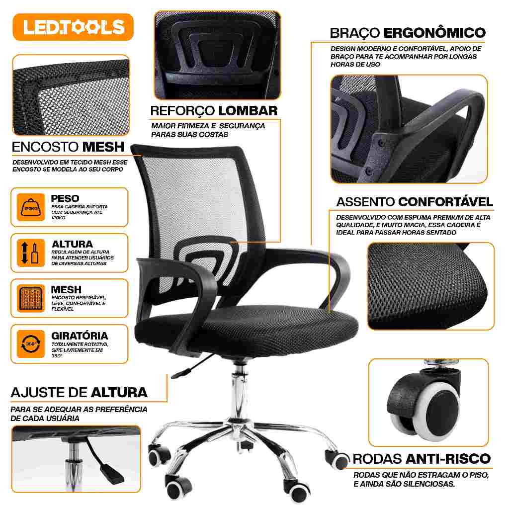 Kit 2 Cadeiras de Escritório Mesh Assento Estofado Base Giratória · foto 2
