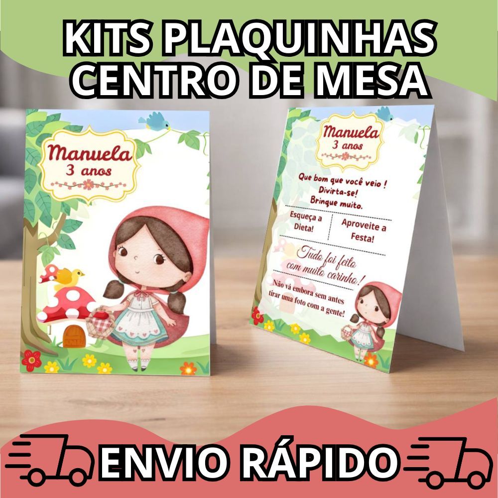 PLAQUINHA PERSONALIZADA CENTRO DE MESA FESTA INFANTIL 10x14 TEMA CHAPEUZINHO VERMELHO KITS COM 12-50 UNIDADES