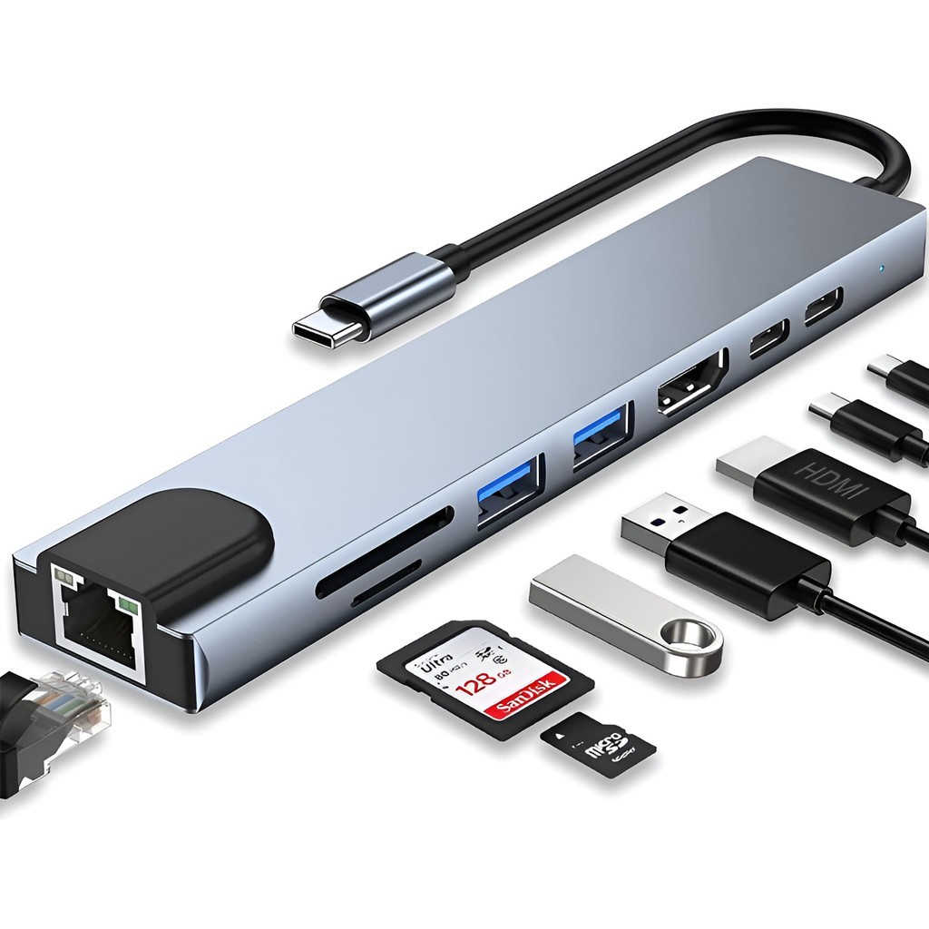 Hub USB-C 8 em 1 USB 2.0/3.0 HDMI 4K RJ45 Rede SD TF Docking Station Extensão Alta Velocidade