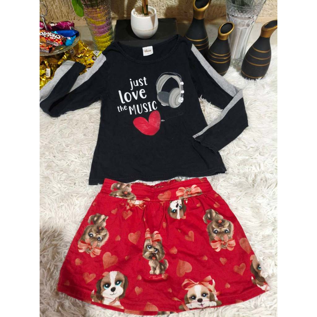 Conjunto Infantil Feminino ( Blusa Preta Ml + Saia Vermelha Desenho), Tam: 8, Marca: Dmbauer