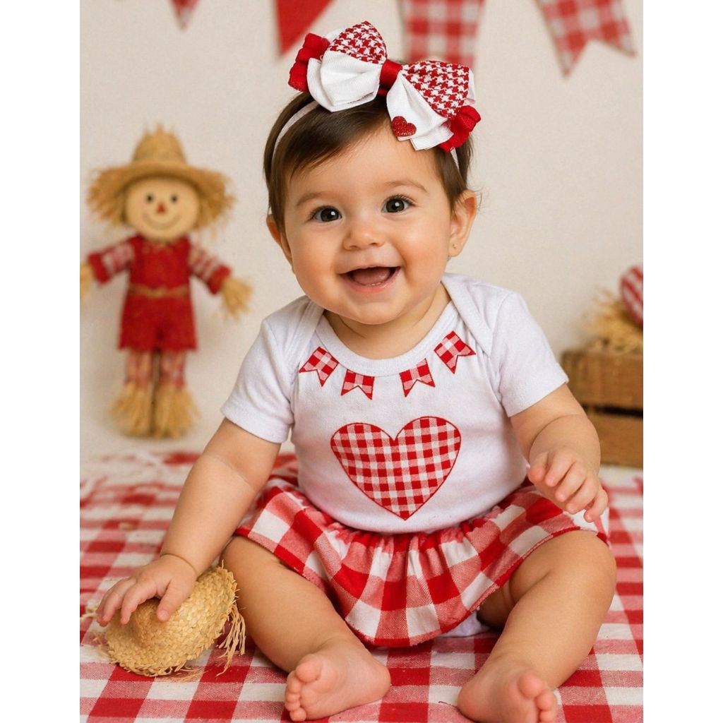 Body Bebê Menina Festa Junina Xadrez com Saia Roupa Arraiá Infantil Fofo Confortável 3 a 12 Meses