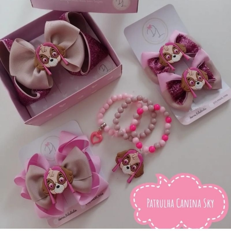 Laços Patrulha Canina Sky, presilha infantil, acessórios patrulha canina, pulseiras sky