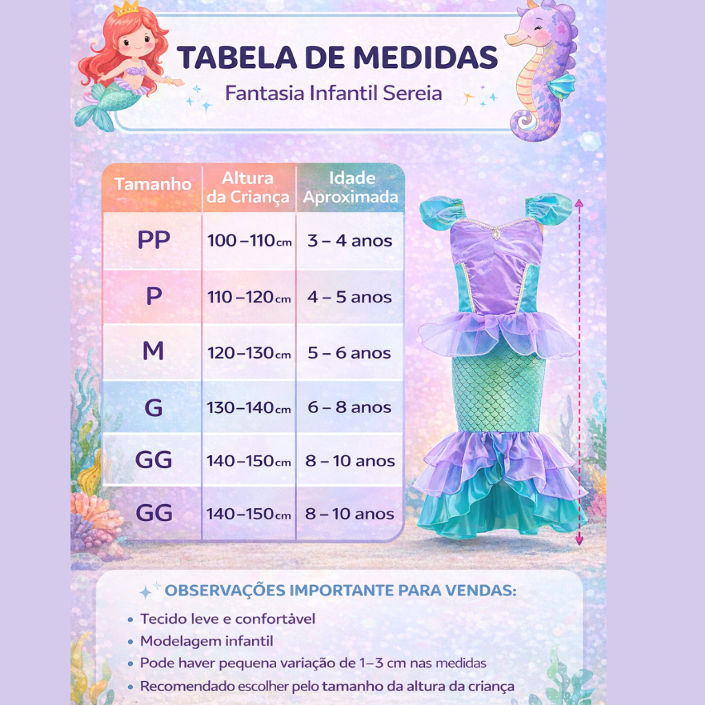 Detalhes do Fantasia Feminina INfantil Sereia Luxo Vestido COmpleta