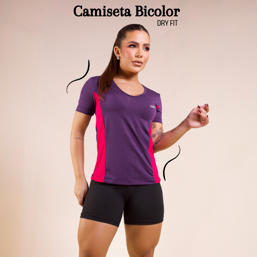 Camiseta Academia Feminina Dry Fit Camisa Blusa Caminhada Musculação Treino Baby Look Bicolor Fitness