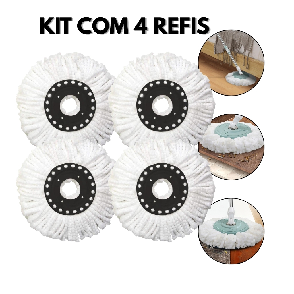 Refil Mop Giratório Kit com 4 Unidades Microfibra para Mop 12L Encaixe 16cm