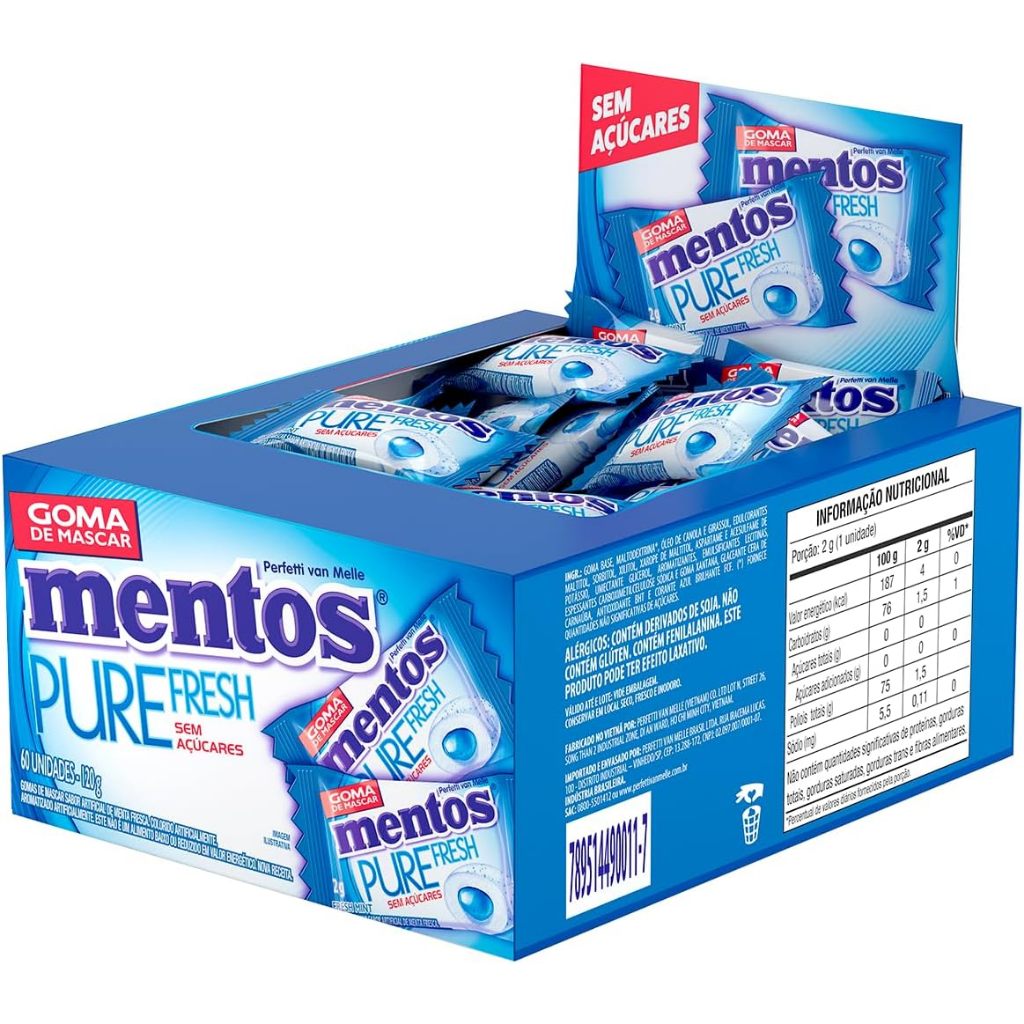 ChicleMentos, Pure Fresh Mint, Sem Açúcar, sabor de menta 60 Unidades - Perfetti