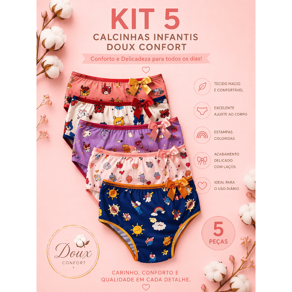 Kit 5 Calcinha Infantil Menina Confortável Estampada Sortidas - Doux Conforts SOPHYA