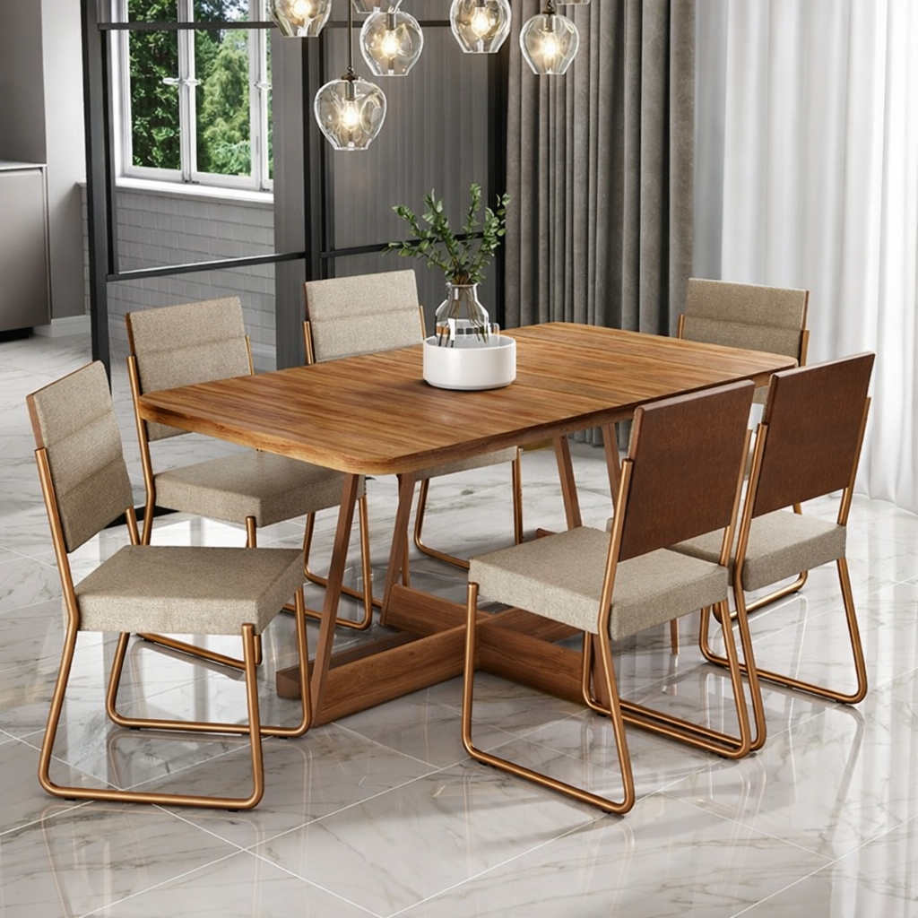 Conjunto Sala de Jantar 6 Cadeiras Charlotte Carraro Nogal com Rose