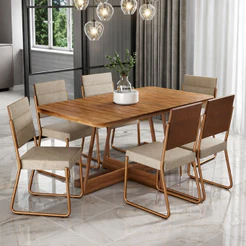 Conjunto Sala de Jantar 6 Cadeiras Charlotte Carraro Nogal com Rose