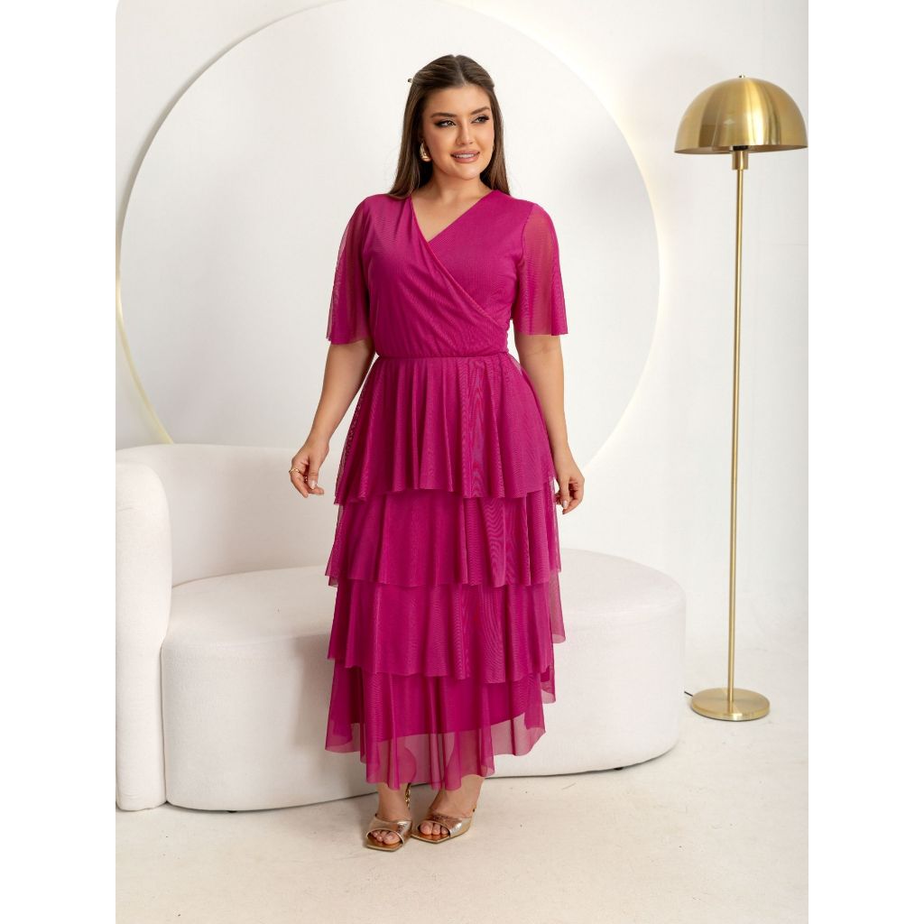 VESTIDO MIDI COM BABADOS EM TULE MANGA FLER MODA FEMENINO E EVANGELICO