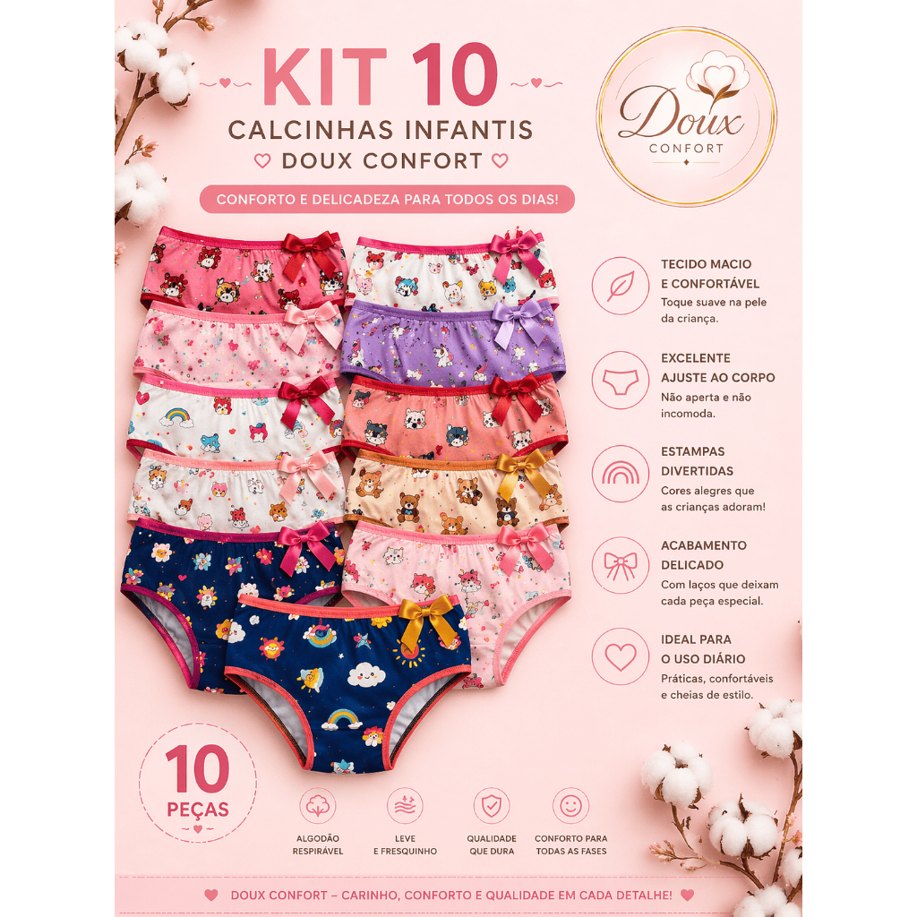 KIT 3, 5 e 10 Calcinha Feminina Infantil Juvenil Algodão Macio Ajuste Perfeito Cores Estampas Sortidas - Doux Confort