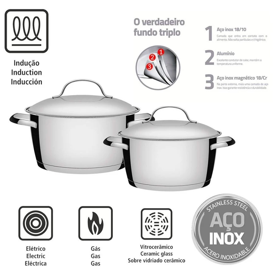 Jogo de Panelas Tramontina Allegra em Aço Inox com Fundo Triplo(Induçao) - 2 Peças