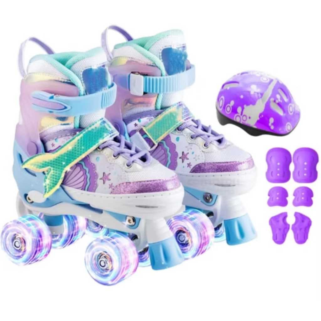 Patins 4 Rodas Com Led Patins Infantil Menina sereia COM /SEM Kit Proteção Com Luz De Led Com Qualidade da Sua Família