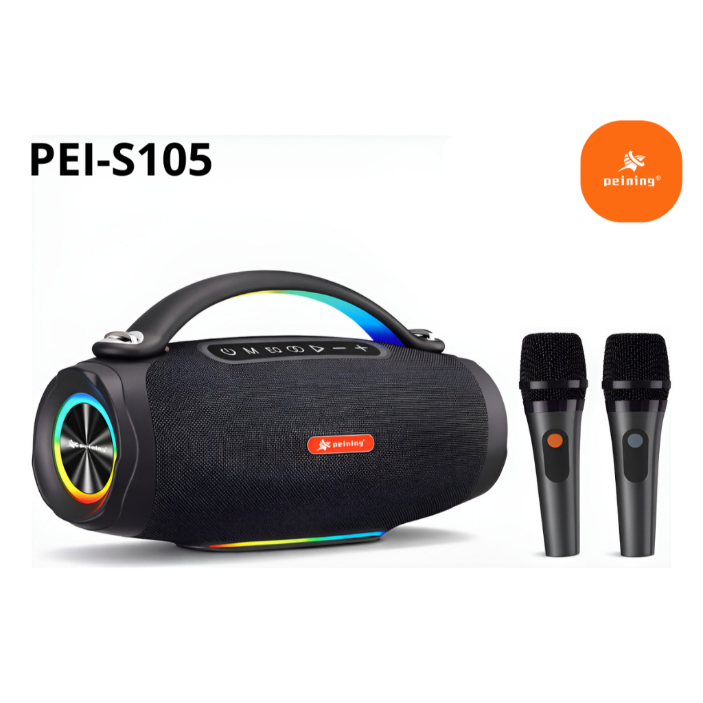 Caixa de Som Peining PEI-S105 com 2 Microfones - Karaokê | Boombox Bluetooth 200W | RGB | IPX6 | TWS | Portátil