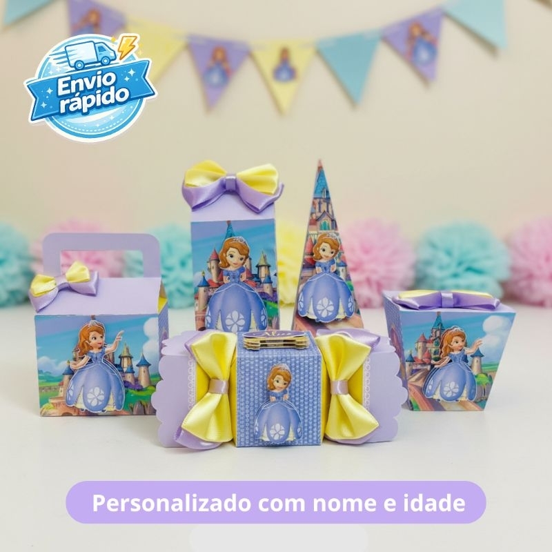 Kit Festa Princesinha Sofia Personalizado Infantil | Pegue e Monte | Lembrancinhas + Caixinhas | Nome e Idade