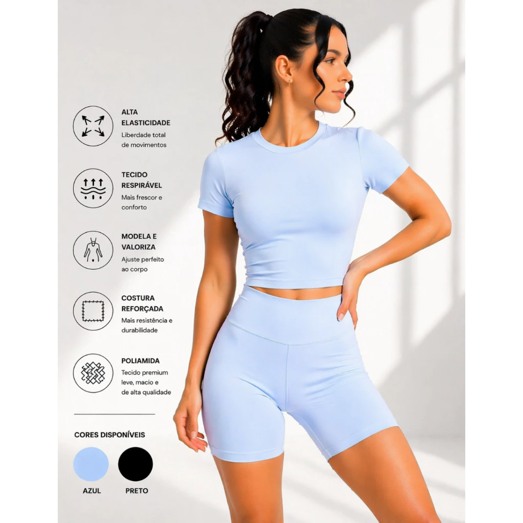 Conjunto Fitness Poliamida Blusa Slim Fit Manga Curta de Compressão e Short Fitness Academia Premium — imagem 1