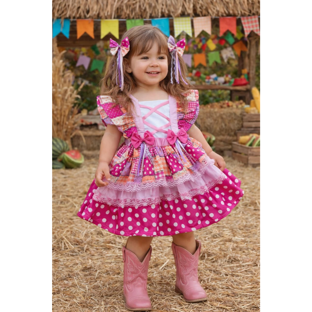 VESTIDO XADREZ ROSA festa junina infantil vestido junino quadrilha romper são João