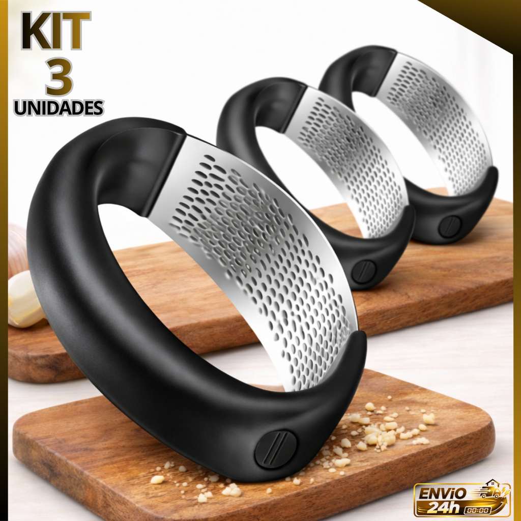 Kit 3 Amassador de Alho Inox Profissional Manual – Triturador Resistente e Fácil de Limpar