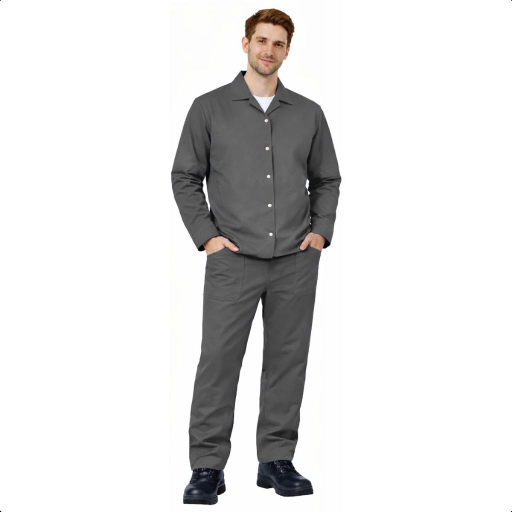 Conjunto Camisa E Calça Brim Cinza Uniforme Jaleco Trabalho Pesado Pedreiro Mecanico Masculino