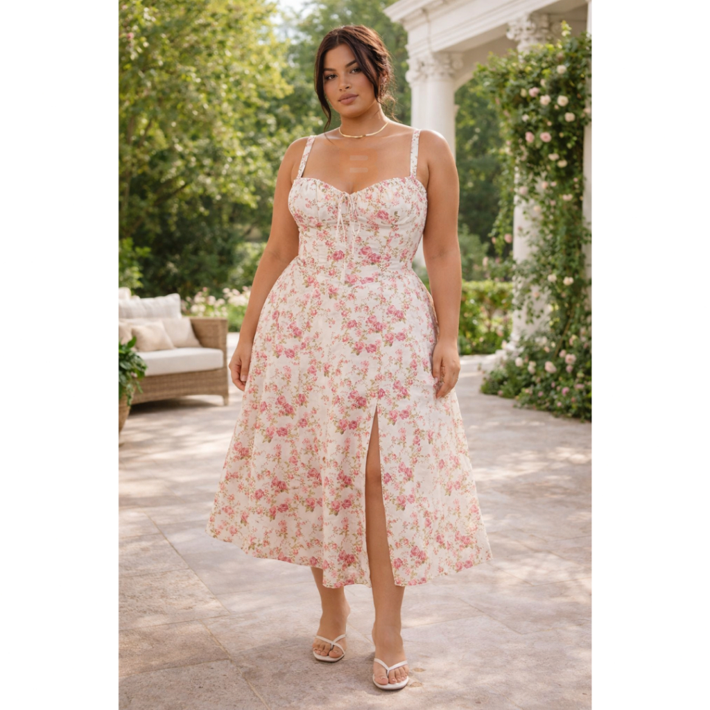 Vestido Midi Floral G Branco com Rosas | Decote Coração Corset com Fenda | Leve Elegante Verão